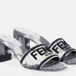 Fendi Canvas Floral Print Logo Mid-Heel Slide Sandals
